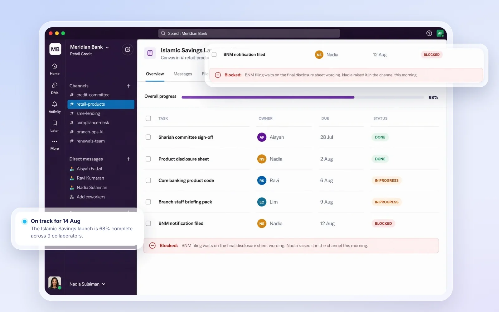 Product launch canvas with owners, due dates and status for each task